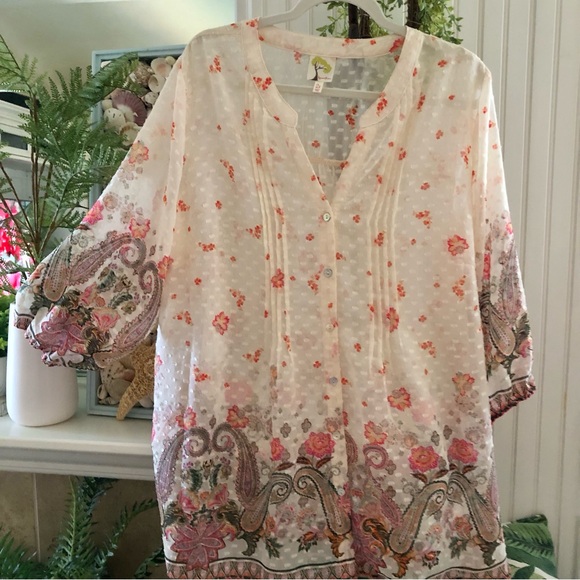 NWT! Fig & Flowers Anthropologie Boho Pheasant Top 2X - Picture 1 of 8